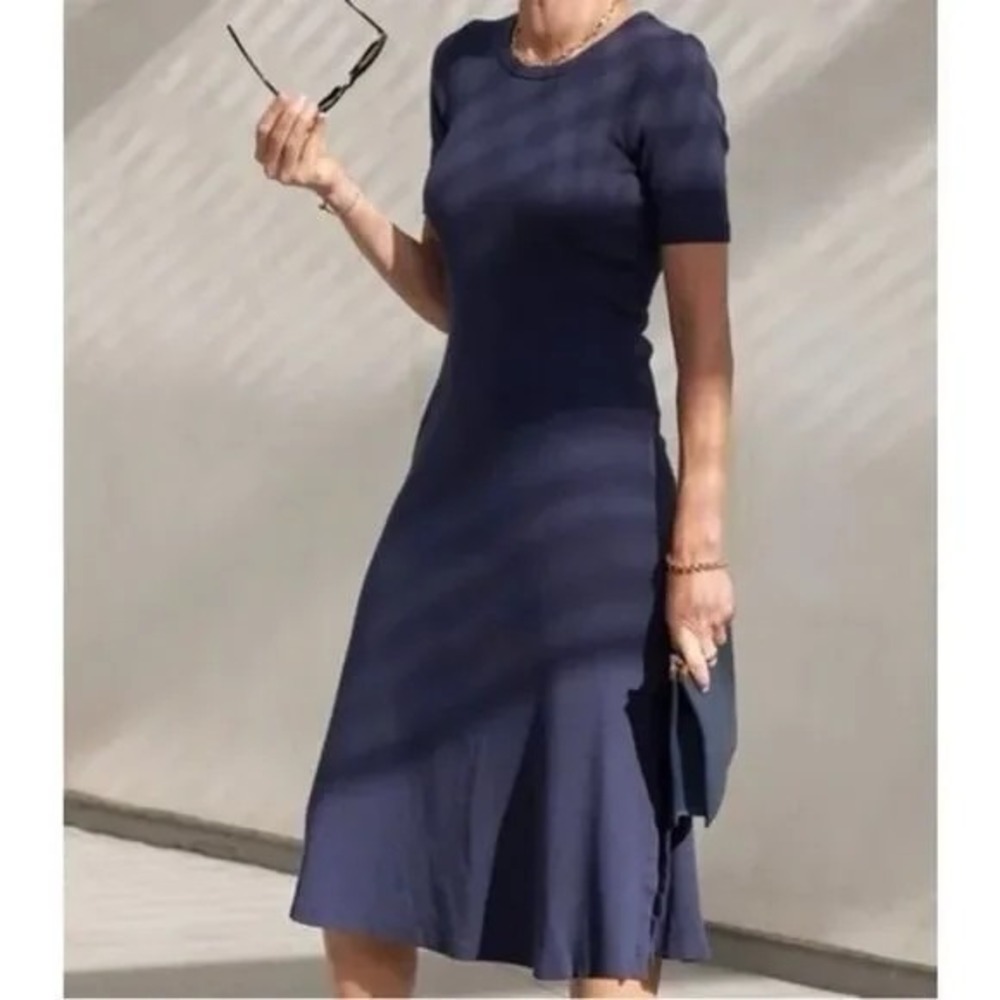 AYR Midi Dress Womens Small Navy Blue The Supercool Ribbed Knit Short Sleeve